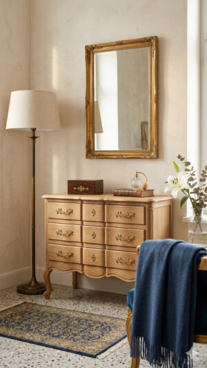 Commode relooké en bois naturel et poignés dorés