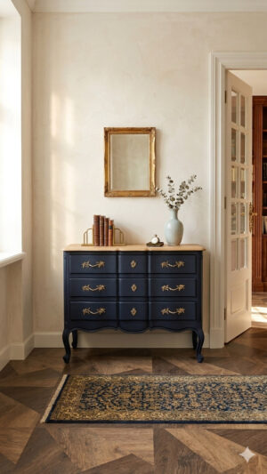 Commode relookées bleu, poignés dorés et plateau naturel