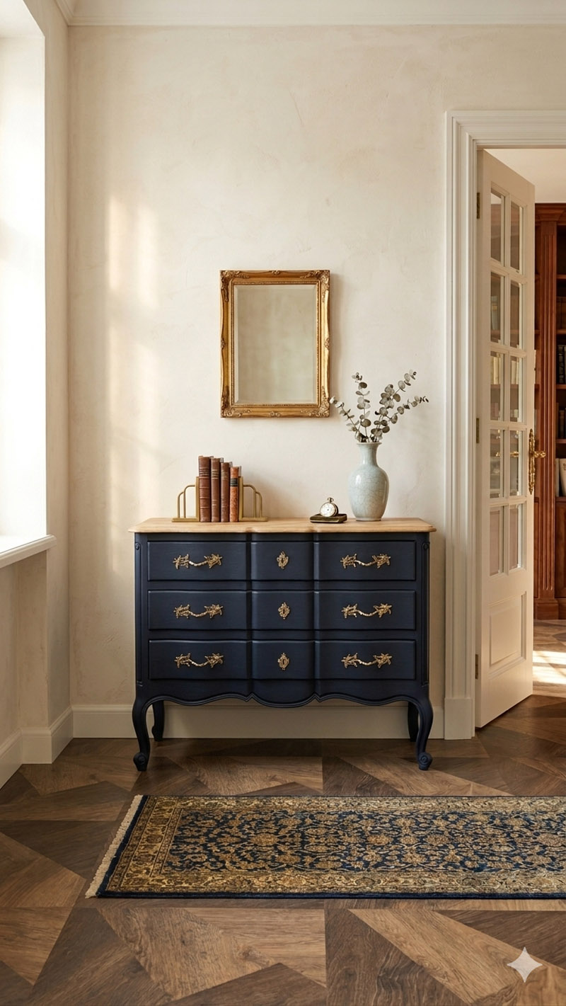 Commode relookées bleu, poignés dorés et plateau naturel